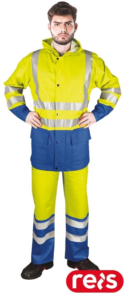 KOMPLET OCHRONNY PRZECIWDESZCZOWY KPLPUFLUO KURTKA I SPODNIE OGRODNICZKI ŻÓŁTO-NIEBIESKIE