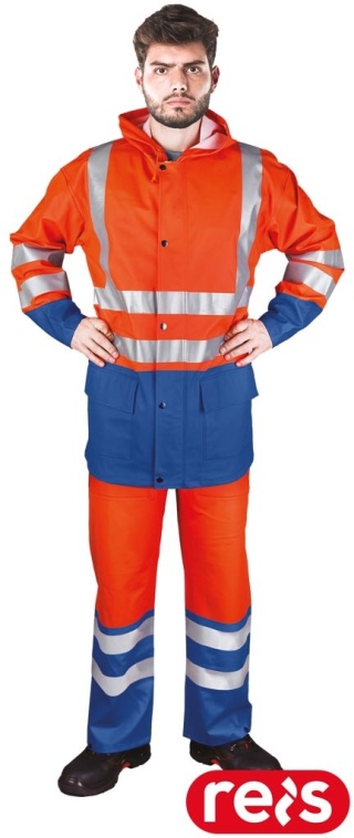 KOMPLET OCHRONNY PRZECIWDESZCZOWY KPLPUFLUO KURTKA I SPODNIE OGRODNICZKI POMARAŃCZOWO-NIEBIESKIE