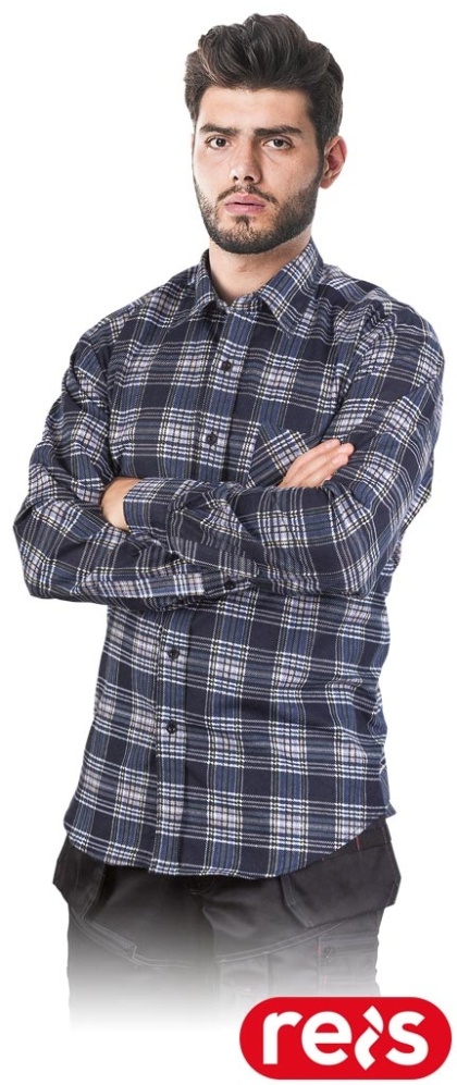 KOSZULA FLANELOWA OCHRONNA KF-GNY MĘSKA W KRATĘ BAWEŁNIANA GRANATOWO-NIEBIESKO-ŻÓŁTA