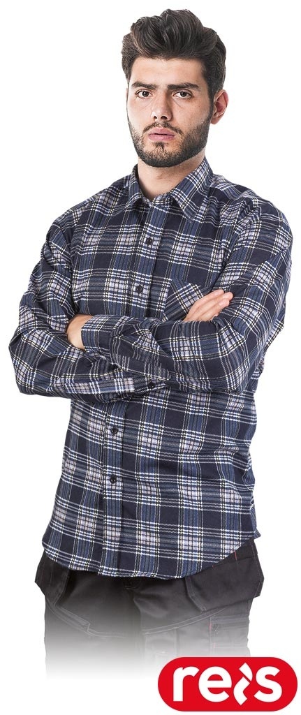 KOSZULA FLANELOWA OCHRONNA KF-GNY MĘSKA W KRATĘ BAWEŁNIANA GRANATOWO-NIEBIESKO-ŻÓŁTA