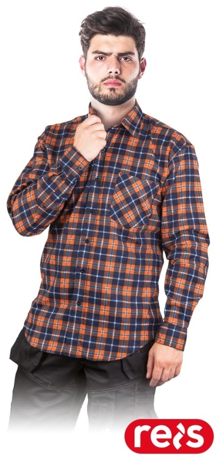 KOSZULA FLANELOWA OCHRONNA KF-GP MĘSKA W KRATĘ BAWEŁNIANA GRANATOWO-POMARAŃCZOWA