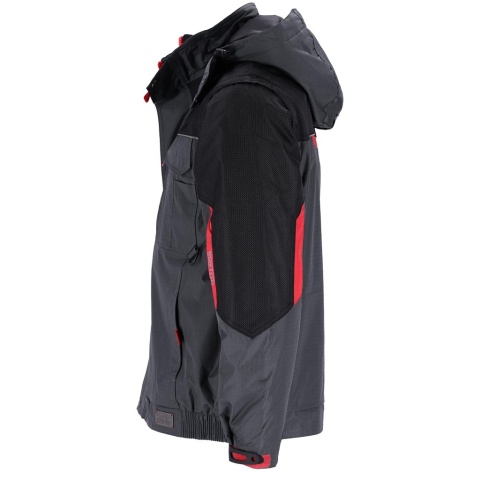 KURTKA OCHRONNA OCIEPLANA BSW 2W1 POLAR, ODPINANY KAPTUR I RĘKAWY, BEZRĘKAWNIK SZARO-CZARNO-CZERWONA