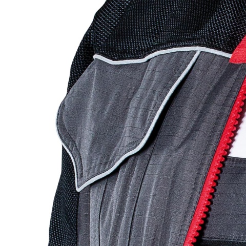 KURTKA OCHRONNA OCIEPLANA BSW 2W1 POLAR, ODPINANY KAPTUR I RĘKAWY, BEZRĘKAWNIK SZARO-CZARNO-CZERWONA