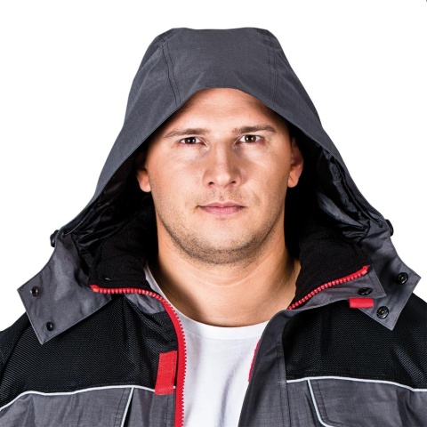 KURTKA OCHRONNA OCIEPLANA BSW 2W1 POLAR, ODPINANY KAPTUR I RĘKAWY, BEZRĘKAWNIK SZARO-CZARNO-CZERWONA