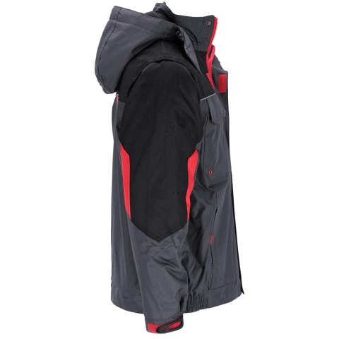 KURTKA OCHRONNA OCIEPLANA BSW 2W1 POLAR, ODPINANY KAPTUR I RĘKAWY, BEZRĘKAWNIK SZARO-CZARNO-CZERWONA