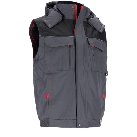 KURTKA OCHRONNA OCIEPLANA BSW 2W1 POLAR, ODPINANY KAPTUR I RĘKAWY, BEZRĘKAWNIK SZARO-CZARNO-CZERWONA