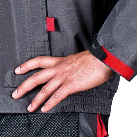 KURTKA OCHRONNA OCIEPLANA BSW 2W1 POLAR, ODPINANY KAPTUR I RĘKAWY, BEZRĘKAWNIK SZARO-CZARNO-CZERWONA