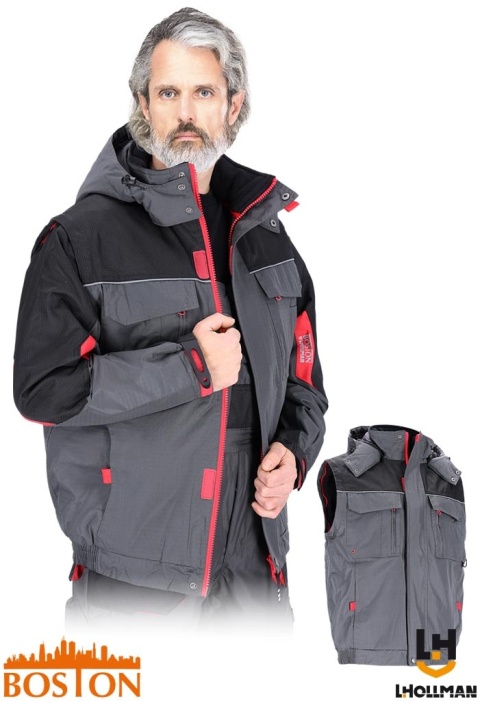 KURTKA OCHRONNA OCIEPLANA BSW 2W1 POLAR, ODPINANY KAPTUR I RĘKAWY, BEZRĘKAWNIK SZARO-CZARNO-CZERWONA