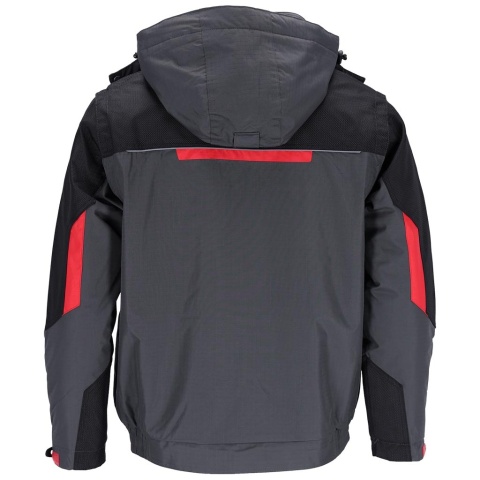 KURTKA OCHRONNA OCIEPLANA BSW 2W1 POLAR, ODPINANY KAPTUR I RĘKAWY, BEZRĘKAWNIK SZARO-CZARNO-CZERWONA