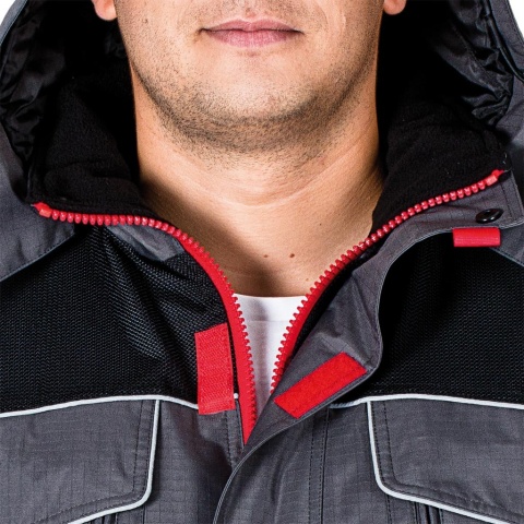 KURTKA OCHRONNA OCIEPLANA BSW 2W1 POLAR, ODPINANY KAPTUR I RĘKAWY, BEZRĘKAWNIK SZARO-CZARNO-CZERWONA