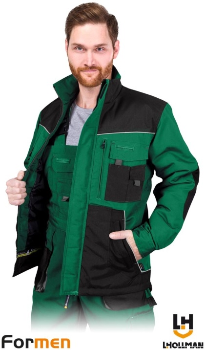 KURTKA OCHRONNA OCIEPLANA FORMEN FMNW, KIESZENIE ,PRZEDŁUŻANY TYŁ ZIELONO-CZARNO-SZARA