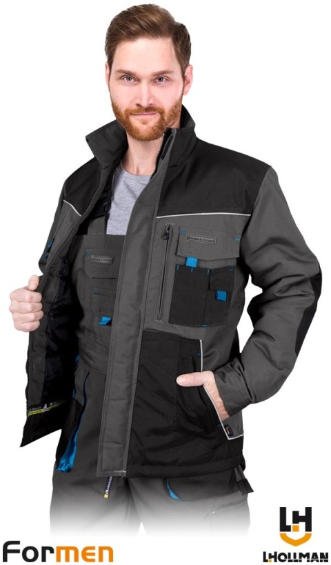 KURTKA OCHRONNA OCIEPLANA FORMEN FMNW, KIESZENIE ,PRZEDŁUŻANY TYŁ SZARO-CZARNO-NIEBIESKA