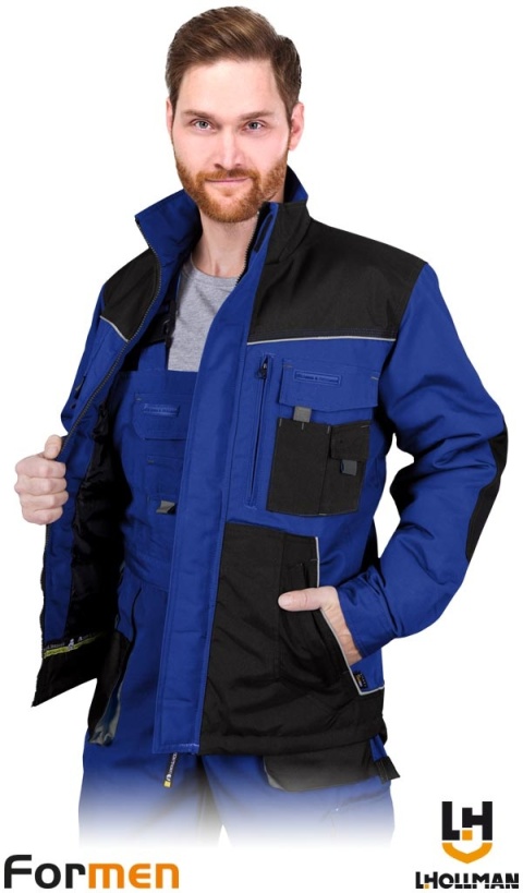 KURTKA OCHRONNA OCIEPLANA FORMEN FMNW, KIESZENIE ,PRZEDŁUŻANY TYŁ NIEBIESKO-CZARNO-SZARA