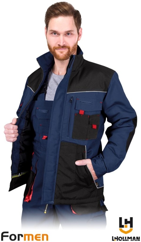 KURTKA OCHRONNA OCIEPLANA FORMEN FMNW, KIESZENIE ,PRZEDŁUŻANY TYŁ GRANATOWO-CZARNO-CZERWONA