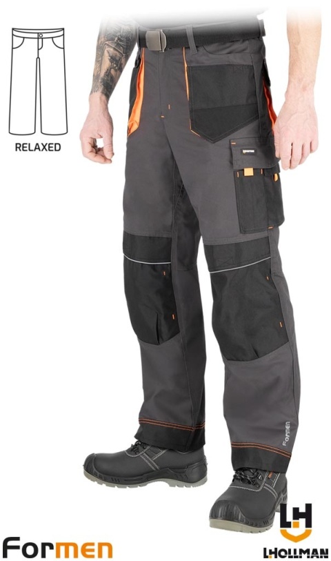 SPODNIE OCHRONNE DO PASA FORMEN RELAXED KIESZENIE NA NAKOLANNIKI SZARO-CZARNO-POMARAŃCZOWE