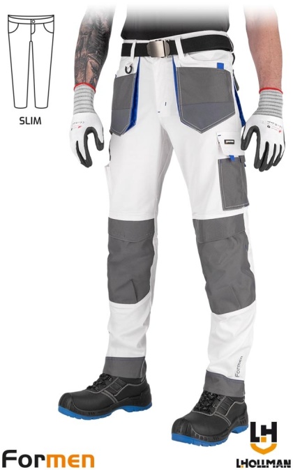 SPODNIE OCHRONNE DO PASA FORMEN SLIM KIESZENIE NA NAKOLANNIKI BIAŁO-SZARO-NIEBIESKIE