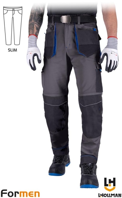 SPODNIE OCHRONNE DO PASA FORMEN SLIM KIESZENIE NA NAKOLANNIKI SZARO-CZARNO-NIEBIESKIE