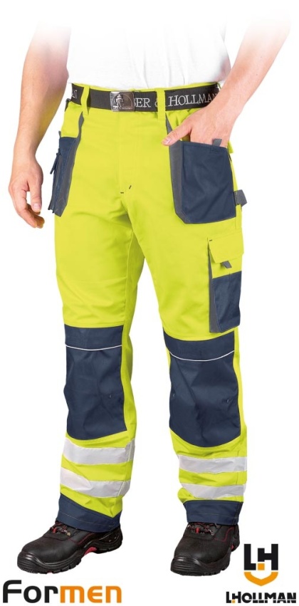 SPODNIE OCHRONNE DO PASA FORMEN FMNX FLUORESCENCYJNE KOLORY, ODBLASKI, ŻÓŁTO-GRANATOWO-SZARE