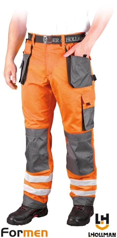 SPODNIE OCHRONNE DO PASA FORMEN FMNX FLUORESCENCYJNE KOLORY, ODBLASKI POMARAŃCZOWO-SZARO-CZARNE