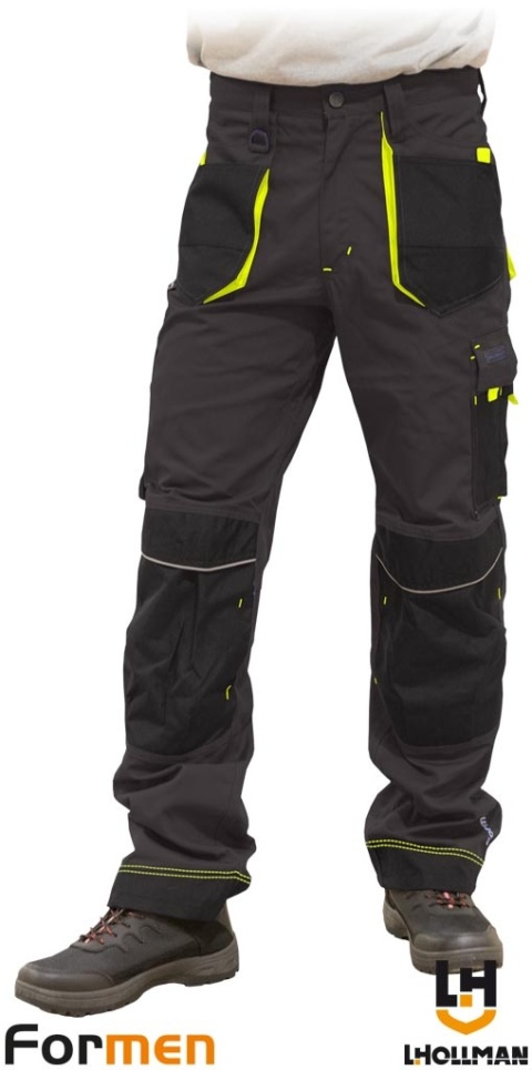 SPODNIE OCHRONNE DO PASA FORMEN CORDURA, KIESZENIE NA NAKOLANNIKI SZARO-CZARNO-ŻÓŁTE