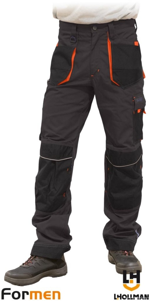 SPODNIE OCHRONNE DO PASA FORMEN CORDURA, KIESZENIE NA NAKOLANNIKI SZARO-CZARNO-POMARAŃCZOWE