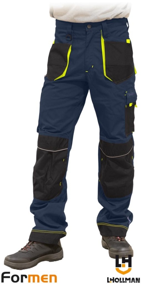 SPODNIE OCHRONNE DO PASA FORMEN CORDURA, KIESZENIE NA NAKOLANNIKI GRANATOWO-CZARNO-ŻÓŁTE