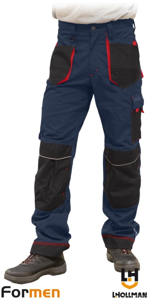 SPODNIE OCHRONNE DO PASA FORMEN CORDURA, KIESZENIE NA NAKOLANNIKI GRANATOWO-CZARNO-CZERWONE