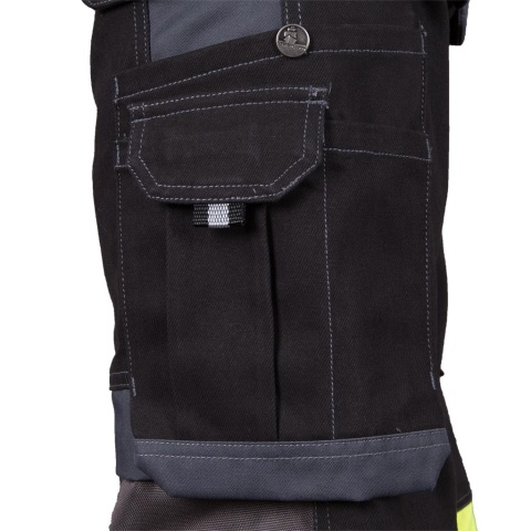 SPODNIE OCHRONNE DO PASA HAYER FLUORESCENCYJNE, KIESZENIE NA NAKOLANNIKI, ODBLASKOWE CZARNO-ŻÓŁTO-SZARE