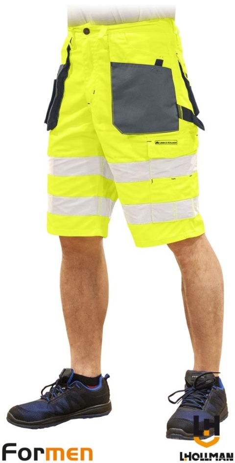 SPODNIE OCHRONNE DO PASA - KRÓTKIE FORMEN FMNX FLUORESCENCYJNE KOLORY, ODBLASKI, ŻÓŁTO-SZARO-CZARNE