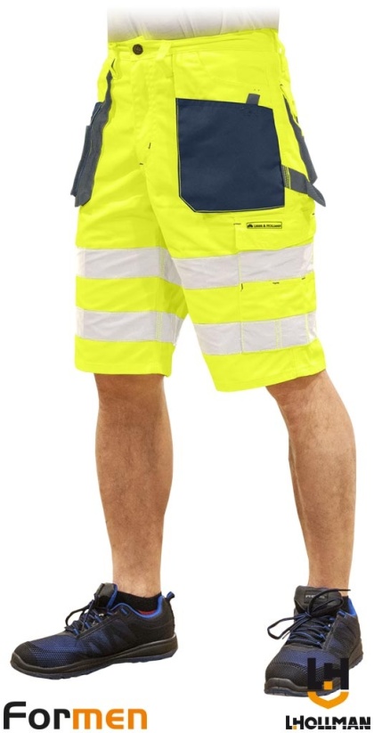 SPODNIE OCHRONNE DO PASA - KRÓTKIE FORMEN FMNX FLUORESCENCYJNE KOLORY, ODBLASKI, ŻÓŁTO-GRANATOWO-SZARE