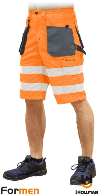 SPODNIE OCHRONNE DO PASA - KRÓTKIE FORMEN FMNX FLUORESCENCYJNE KOLORY, ODBLASKI, POMARAŃCZOWO-SZARO-CZARNE