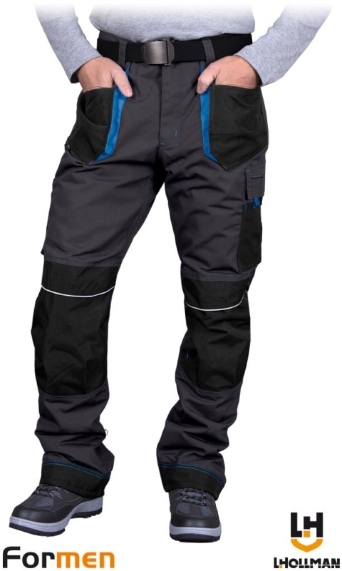 SPODNIE OCHRONNE OCIEPLANE DO PASA FORMEN FMNW TKANE DUŻO KIESZENI, SZARO-CZARNO-NIEBIESKIE