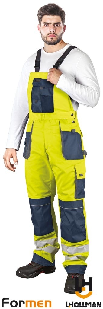 SPODNIE OCHRONNE OGRODNICZKI FORMEN FMNX, ODBLASKI ,KIESZENIE NA NAKOLANNIKI ŻÓŁTO-GRANATOWO-SZARE