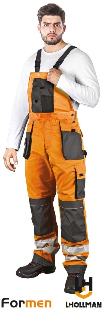 SPODNIE OCHRONNE OGRODNICZKI FORMEN FMNX, ODBLASKI ,KIESZENIE NA NAKOLANNIKI POMARAŃCZOWO-SZARO-CZARNE