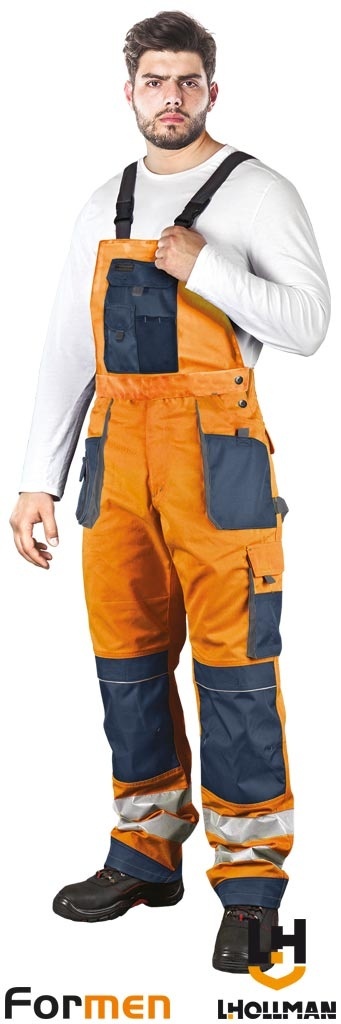 SPODNIE OCHRONNE OGRODNICZKI FORMEN FMNX, ODBLASKI ,KIESZENIE NA NAKOLANNIKI POMARAŃCZOWO-GRANATOWO-SZARE