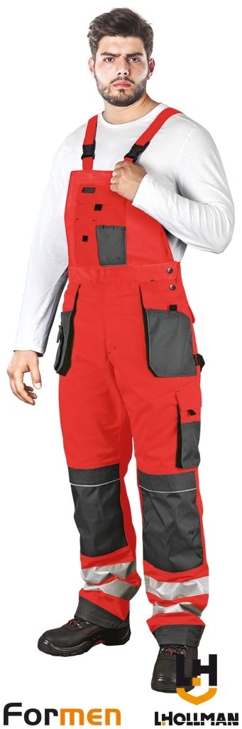 SPODNIE OCHRONNE OGRODNICZKI FORMEN FMNX, ODBLASKI ,KIESZENIE NA NAKOLANNIKI CZERWONO-SZARO-CZARNE