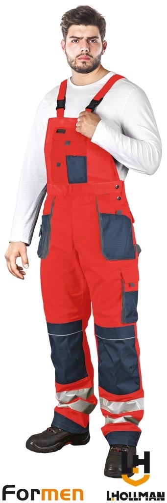 SPODNIE OCHRONNE OGRODNICZKI FORMEN FMNX, ODBLASKI ,KIESZENIE NA NAKOLANNIKI CZERWONO-GRANATOWO-SZARE