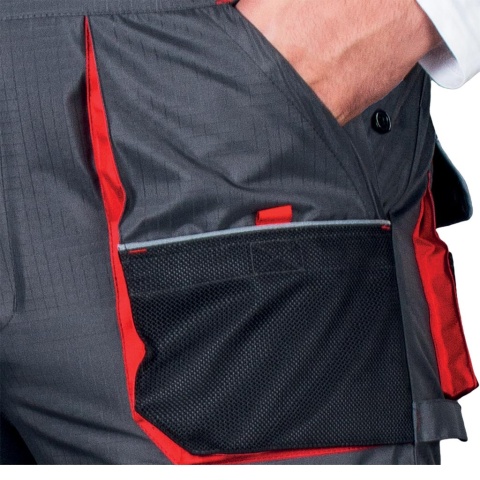 SPODNIE OCHRONNE OGRODNICZKI OCIEPLANE BSW, RIP-STOP OCHRONA PRZED ROZDARCIEM SZARO-CZARNO-CZERWONE