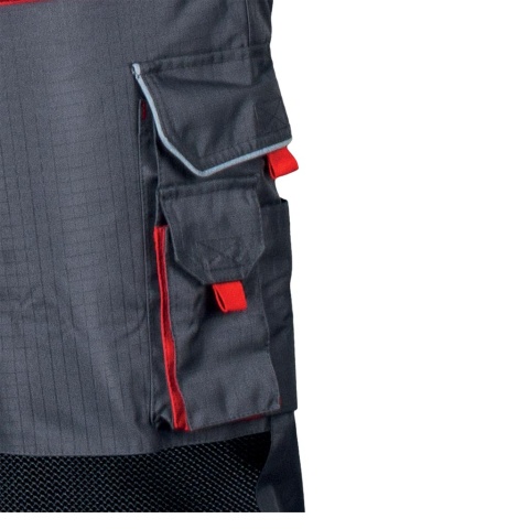 SPODNIE OCHRONNE OGRODNICZKI OCIEPLANE BSW, RIP-STOP OCHRONA PRZED ROZDARCIEM SZARO-CZARNO-CZERWONE