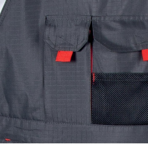 SPODNIE OCHRONNE OGRODNICZKI OCIEPLANE BSW, RIP-STOP OCHRONA PRZED ROZDARCIEM SZARO-CZARNO-CZERWONE