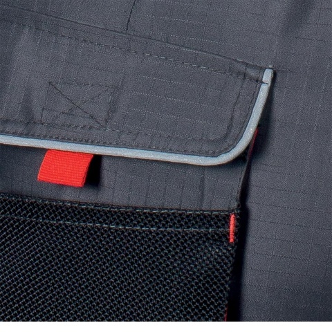 SPODNIE OCHRONNE OGRODNICZKI OCIEPLANE BSW, RIP-STOP OCHRONA PRZED ROZDARCIEM SZARO-CZARNO-CZERWONE