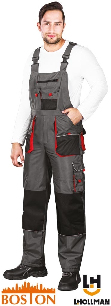 SPODNIE OCHRONNE OGRODNICZKI OCIEPLANE BSW, RIP-STOP OCHRONA PRZED ROZDARCIEM SZARO-CZARNO-CZERWONE