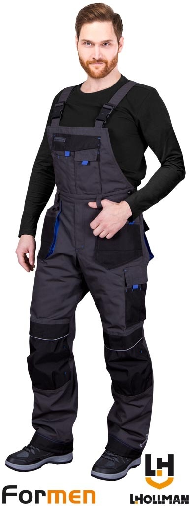 SPODNIE OCHRONNE OGRODNICZKI OCIEPLANE FORMEN FMNW SZARO-CZARNO-NIEBIESKIE