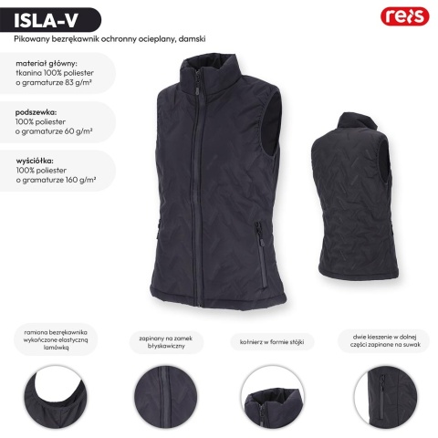 BEZRĘKAWNIK OCHRONNY OCIEPLANY ISLA DAMSKI PIKOWANY CZARNY