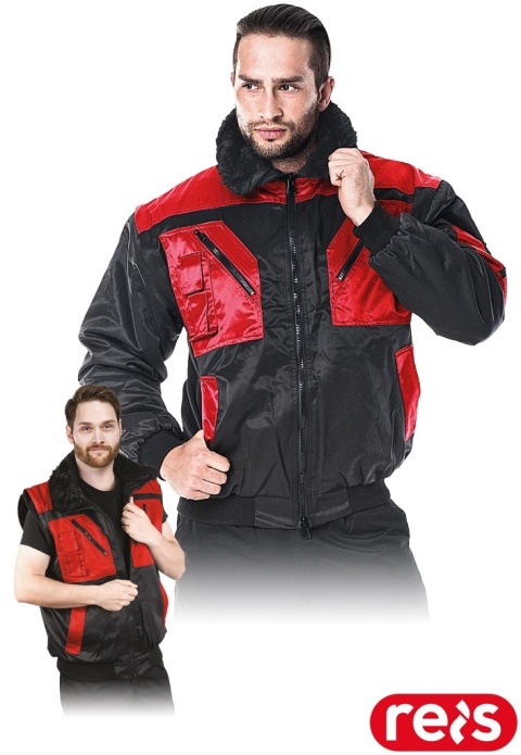 KURTKA OCHRONNA OCIEPLANA ICEBERG 4W1 ODPINANE RĘKAWY, PODPINKA CZARNO-CZERWONA