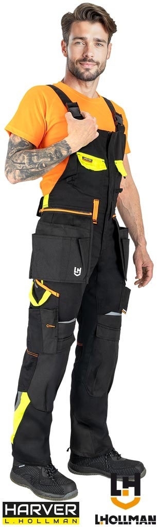 SPODNIE OCHRONNE OGRODNICZKI HARVERCOOL KIESZENIE MONTERSKIE ODPINANE CZARNO-ŻÓŁTO-POMARAŃCZOWE