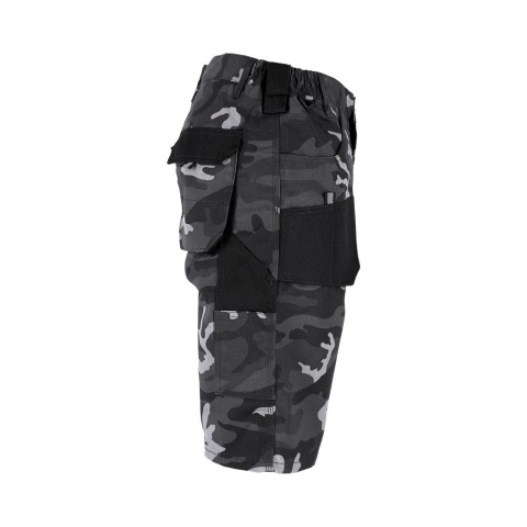 SPODNIE OCHRONNE DO PASA - KRÓTKIE FORECO KIESZENIE, UCHWYT NA MŁOTEK SZARO-CZARNO-POMARAŃCZOWE