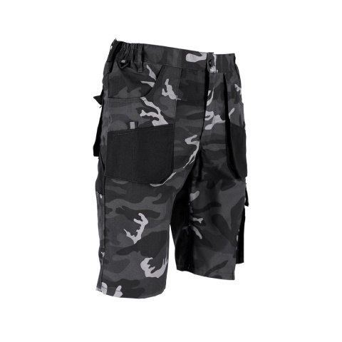 SPODNIE OCHRONNE DO PASA - KRÓTKIE FORECO KIESZENIE, UCHWYT NA MŁOTEK SZARO-CZARNO-POMARAŃCZOWE