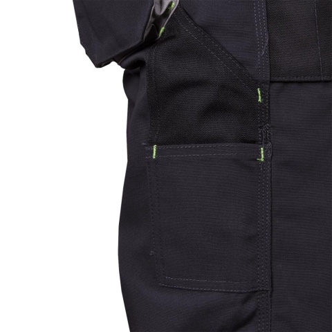 SPODNIE OCHRONNE DO PASA - KRÓTKIE FORECO KIESZENIE, UCHWYT NA MŁOTEK SZARO-CZARNO-POMARAŃCZOWE