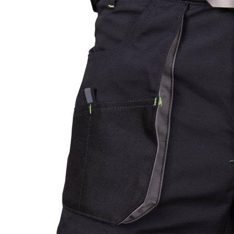 SPODNIE OCHRONNE DO PASA - KRÓTKIE FORECO KIESZENIE, UCHWYT NA MŁOTEK SZARO-CZARNO-POMARAŃCZOWE